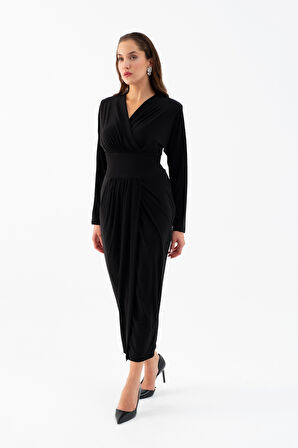 Kadın Siyah V Yaka Midi Elbise