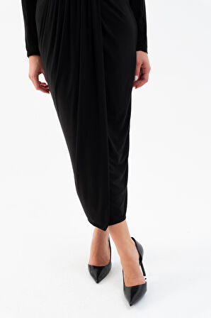 Kadın Siyah V Yaka Midi Elbise