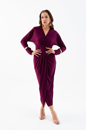 Kadın Mürdüm V Yaka Midi Elbise