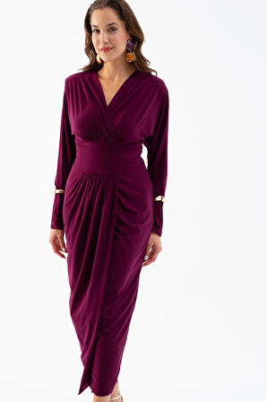 Kadın Mürdüm V Yaka Midi Elbise