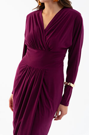 Kadın Mürdüm V Yaka Midi Elbise