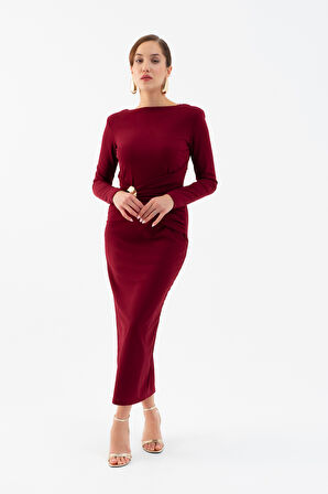 Kadın Bordo Vatkalı Bel Büzgülü Midi Elbise