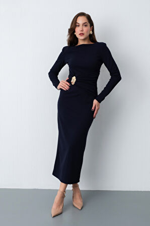 Kadın Lacivert Vatkalı Bel Büzgülü Midi Elbise