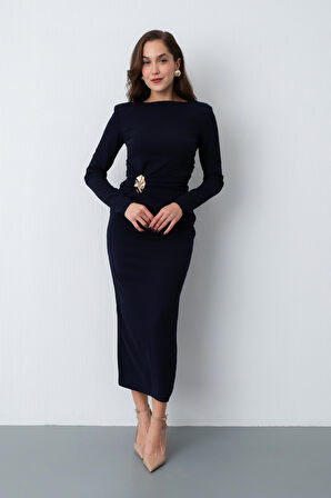 Kadın Lacivert Vatkalı Bel Büzgülü Midi Elbise