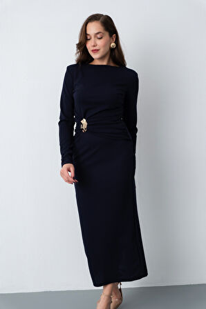 Kadın Lacivert Vatkalı Bel Büzgülü Midi Elbise