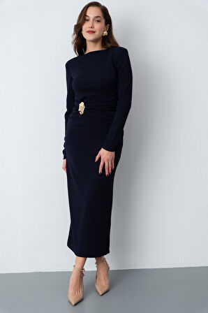 Kadın Lacivert Vatkalı Bel Büzgülü Midi Elbise