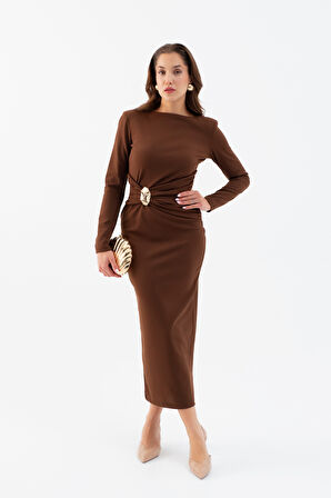 Kadın Kahverengi Vatkalı Bel Büzgülü Midi Elbise