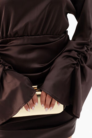 Kadın Kahverengi Uzun Kol Mini Saten Elbise