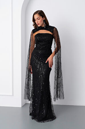 Kadın Siyah Şallı Uzun Kol Dik Yaka Boncuklu Abiye