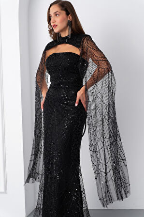 Kadın Siyah Şallı Uzun Kol Dik Yaka Boncuklu Abiye