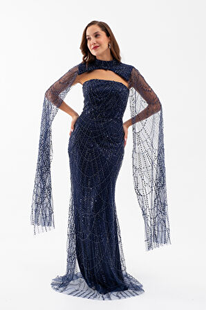 Kadın Lacivert Şallı Uzun Kol Dik Yaka Boncuklu Abiye