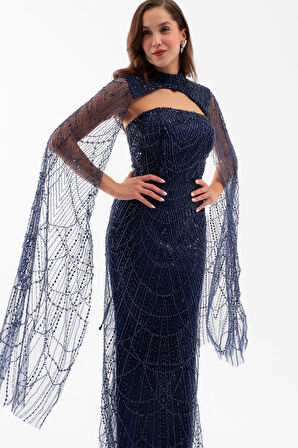 Kadın Lacivert Şallı Uzun Kol Dik Yaka Boncuklu Abiye