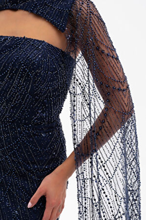 Kadın Lacivert Şallı Uzun Kol Dik Yaka Boncuklu Abiye