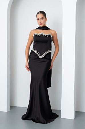 Kadın Siyah Straplez Taşlı Uzun Saten Abiye Elbise