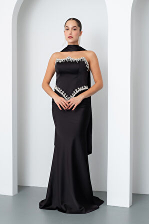 Kadın Siyah Straplez Taşlı Uzun Saten Abiye Elbise
