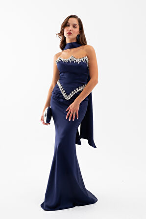 Kadın Lacivert Straplez Taşlı Uzun Saten Abiye Elbise