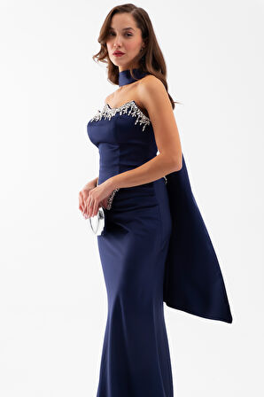 Kadın Lacivert Straplez Taşlı Uzun Saten Abiye Elbise