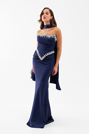 Kadın Lacivert Straplez Taşlı Uzun Saten Abiye Elbise