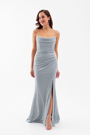 Kadın Mint Yeşili Askılı Simli Örme Abiye Elbise