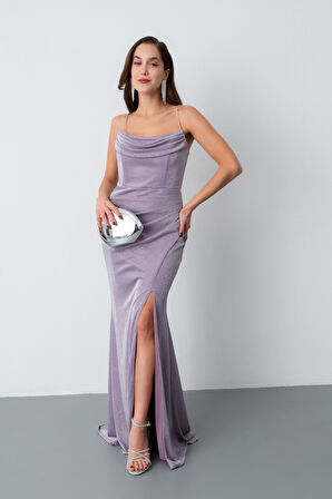 Kadın Lavanta Askılı Simli Örme Abiye Elbise