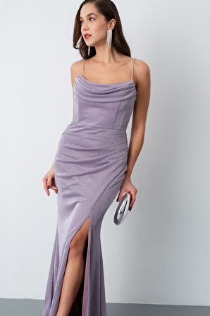 Kadın Lavanta Askılı Simli Örme Abiye Elbise