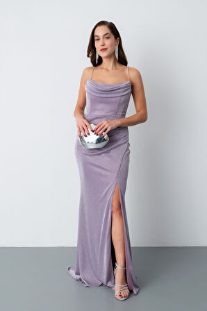 Kadın Lavanta Askılı Simli Örme Abiye Elbise