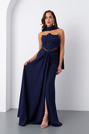 Kadın Lacivert Taş İşlemeli Straplez Uzun Abiye Elbise