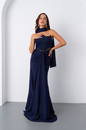 Kadın Lacivert Taş İşlemeli Straplez Uzun Abiye Elbise