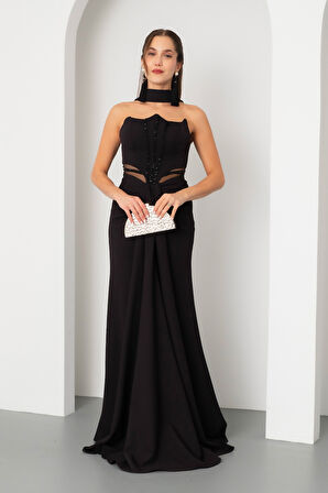 Kadın Siyah Taş İşlemeli Straplez Uzun Abiye Elbise