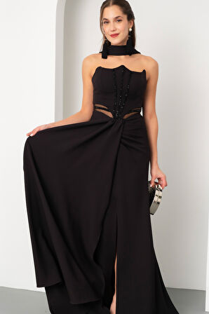 Kadın Siyah Taş İşlemeli Straplez Uzun Abiye Elbise
