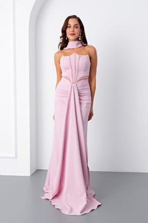 Kadın Pudra Taş İşlemeli Straplez Uzun Abiye Elbise