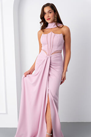 Kadın Pudra Taş İşlemeli Straplez Uzun Abiye Elbise