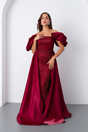 Kadın Bordo Kayık Yaka Saten Kuyruklu Uzun Boncuklu Abiye