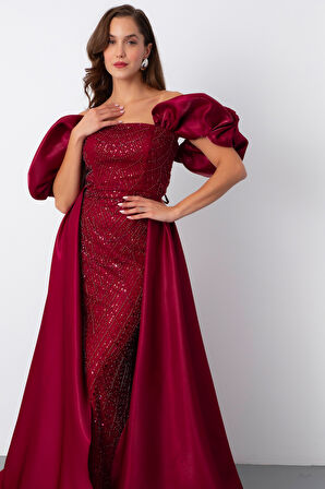 Kadın Bordo Kayık Yaka Saten Kuyruklu Uzun Boncuklu Abiye