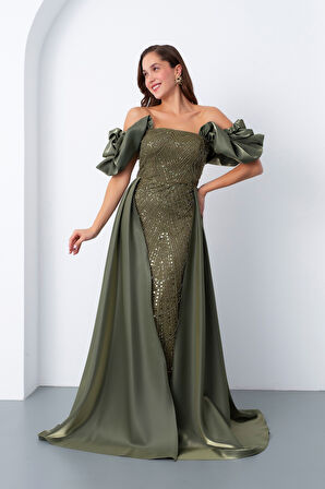 Kadın Haki Kayık Yaka Saten Kuyruklu Uzun Boncuklu Abiye