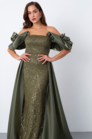 Kadın Haki Kayık Yaka Saten Kuyruklu Uzun Boncuklu Abiye