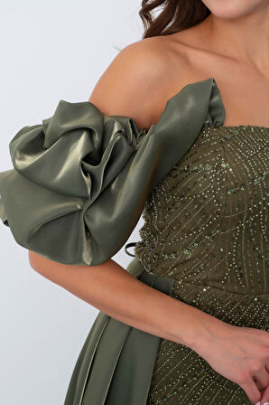 Kadın Haki Kayık Yaka Saten Kuyruklu Uzun Boncuklu Abiye