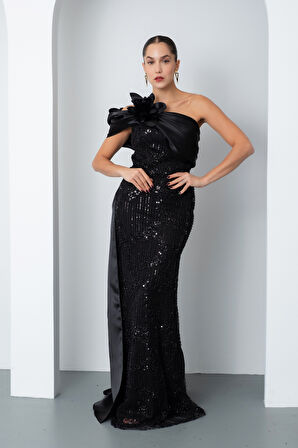 Kadın Siyah Boncuklu Tek Omuz Fiyonk Detay Kuyruklu Uzun Abiye