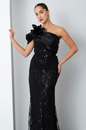 Kadın Siyah Boncuklu Tek Omuz Fiyonk Detay Kuyruklu Uzun Abiye