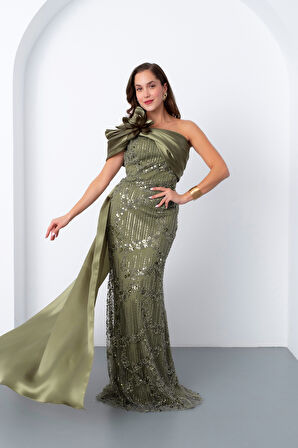 Kadın Haki Boncuklu Tek Omuz Fiyonk Detay Kuyruklu Uzun Abiye