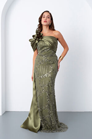 Kadın Haki Boncuklu Tek Omuz Fiyonk Detay Kuyruklu Uzun Abiye