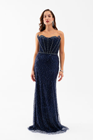 Kadın Lacivert Straplez Taşlı Balık Abiye Elbise