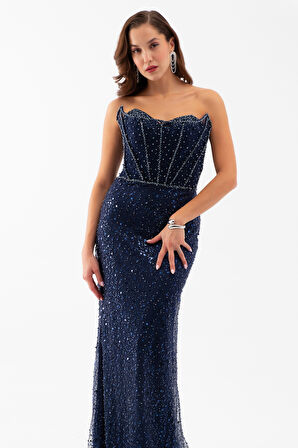 Kadın Lacivert Straplez Taşlı Balık Abiye Elbise