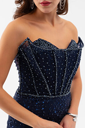 Kadın Lacivert Straplez Taşlı Balık Abiye Elbise