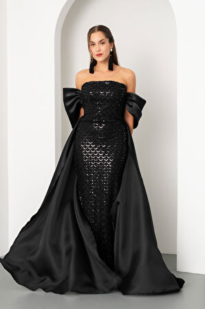 Kadın Siyah Straplez Boncuklu Saten Kuyruklu Uzun Abiye