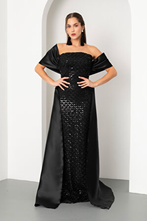 Kadın Siyah Straplez Boncuklu Saten Kuyruklu Uzun Abiye