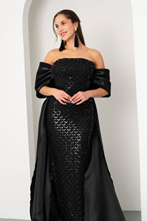 Kadın Siyah Straplez Boncuklu Saten Kuyruklu Uzun Abiye