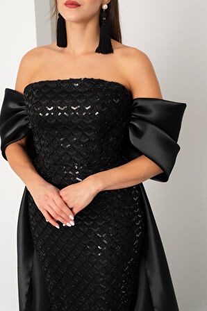 Kadın Siyah Straplez Boncuklu Saten Kuyruklu Uzun Abiye