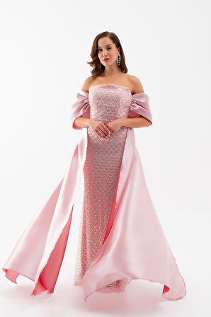 Kadın Pudra Straplez Boncuklu Saten Kuyruklu Uzun Abiye