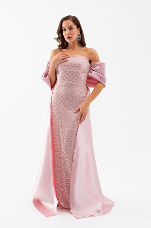 Kadın Pudra Straplez Boncuklu Saten Kuyruklu Uzun Abiye